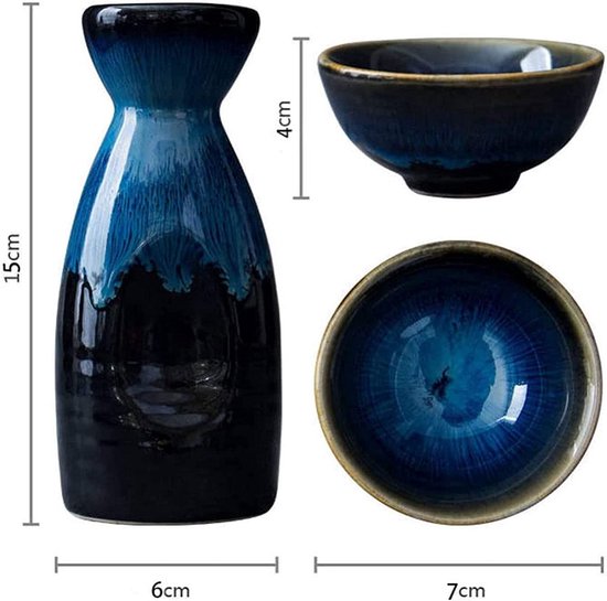 Kungfu Thee, 3 stuks keramische bekers, blauwe sake set, porseleinen bakje voor thuis hete of koude sake
