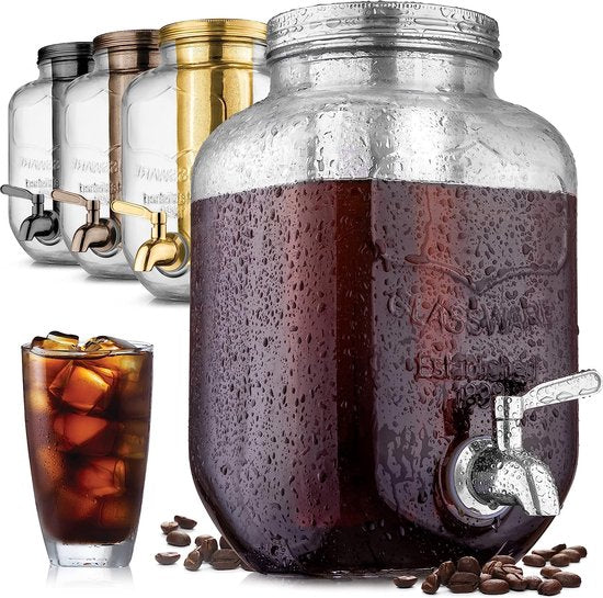 Cold Brew koffiezetapparaat met extra dikke glazen karaf en roestvrijstalen filter 11 gallon Premium Iced Coffee Maker Cold Brew Pitcher en thee-ei (zilver)