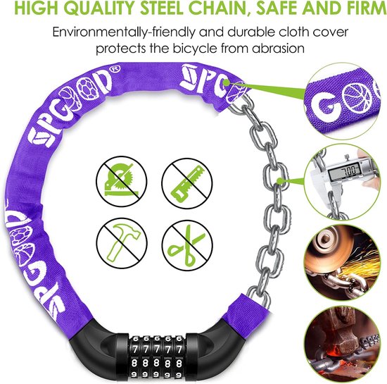 Fietsslot (14 kleuren) met cijfers en hoog veiligheidsniveau, fietskettingslot, cijfercode combinatieslot, geharde stalen schakels (paars)