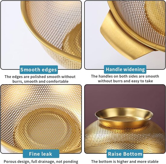 Gold Colander 5 kwart, professionele titanium goud plating roestvrijstalen zeef met heavy duty handgrepen en zelfdragende vaste ringbasis, eenvoudig te reinigen en vaatwasmachinebestendig