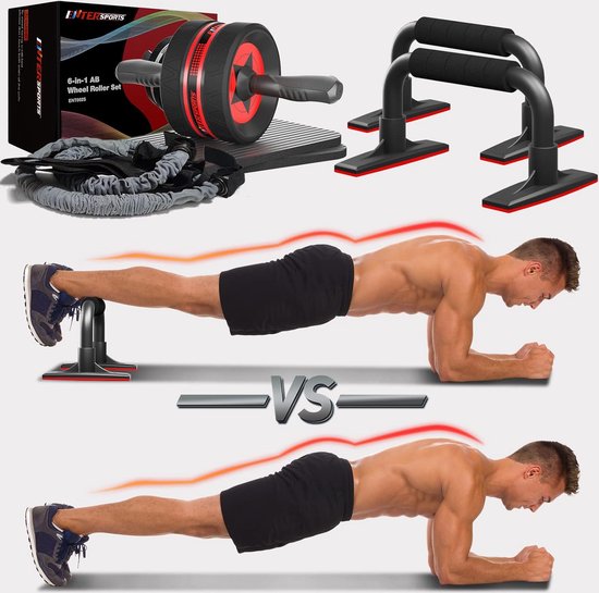 Buikroller, 6-in-1 buiktrainer met fitnessband, push-ups, kniemat, fitnessapparaten, buikspiertrainer vanaf wheel set, ideaal voor mannen en vrouwen om thuis te trainen