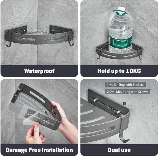 Corner Shelf Shower Basket Shower Shelf No Drilling Shower Shelf Metal with 4 Hooks Shower Shelf Bathroom Shelf with Sticker Bathroom Shelf for Bathroom and Kitchen 2 Levels Grey