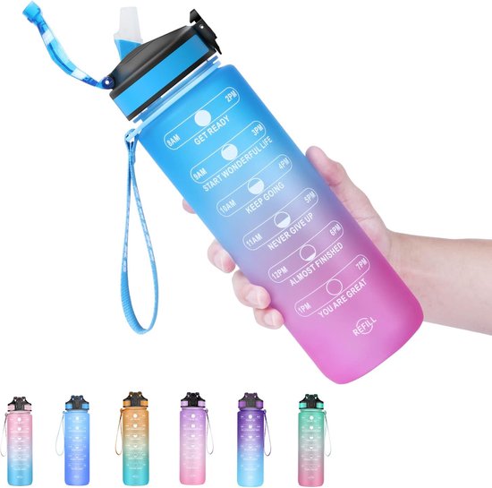 Sportdrankfles met kliksluiting, 1 liter, Lekvrij, BPA-vrije waterfles, Tritan sportfles voor fitness, Sport, Fiets, kamperen, yoga, gym (A8 blauw / fuchsia verloop)