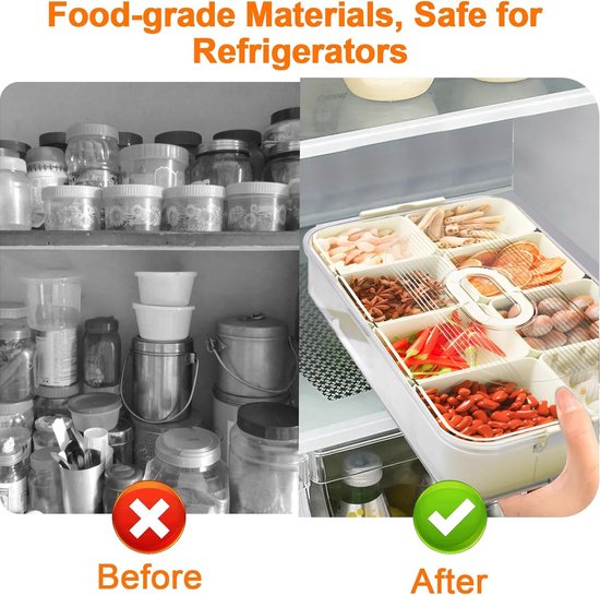 Snackdoos met compartimenten, snackbewaardoos, fruit- en groentebak met 8 compartimenten, transparante voedselopslagcontainer voor koelkast en voorraadkast, voor snacks, fruit en kruiden.