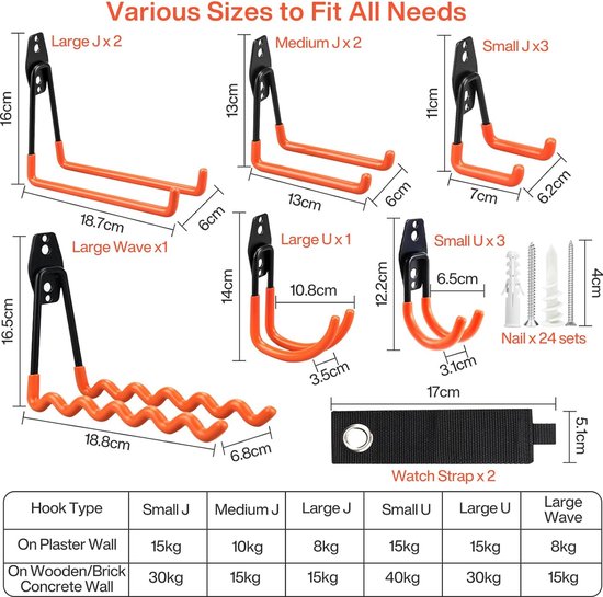 12 stuks wandhaken voor garage en 2 kabelbinders, 24 sets schroeven, garagehaken, garage opberghaken voor het organiseren van gereedschap, stoel, slang, fietsen, sportuitrusting