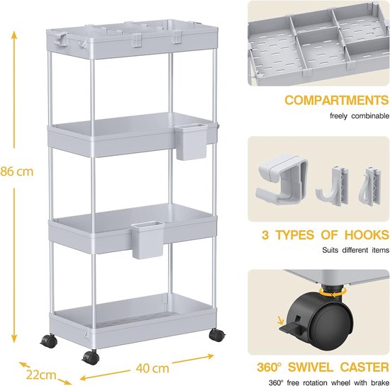 4-laags opbergwagen Trolley zonder plank op wielen voor wasbadkamer met 6 haken en 2 containers grijs