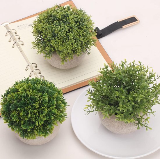 3 kunstwerken planten met grijze pot, 9,5 x 13 cm, voor binnen en buiten, kunstplanten, decoratie voor woonkamer, tuin, badkamer, esthetische kamerdecoratie (groot)