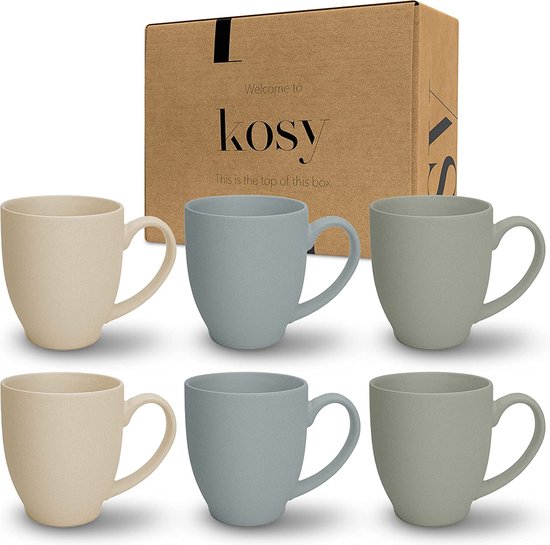 Set van 6 kopjes van aardewerk, grote koffiemokken, 420 ml, koffiekopjes in pastel inkt, geel, groen en blauw, handgemaakte mokken, koffiekopjes in Scandinavisch design (mix)