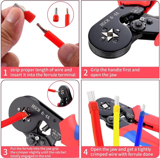 Krimptang, krimptangset voor elektrische installatie, krimptang met 1200-delige adereindhulzenset, adereindhulstang voor 0,25-10 mm² (AWG 23-7) kabel, model HSC8 6-4 krimpertang