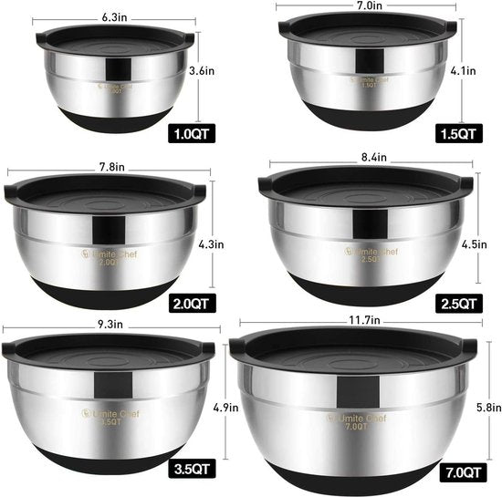 Mixing Bowls with Airtight Lids, 6 Piece Stainless Steel Metal Bowl Chef, Measuring Marks Quality Size 7, 3.5, 2.5, 2.0, 1.5, 1QT, Ideal for Mixing and Serving