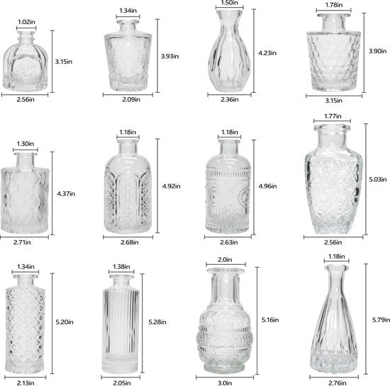 12 kleine glazen bud vazen voor decoratie van thuisbruiloft tafels, vintage mini vazen in bulk voor evenementen, kantoor- en tuindecoratie.