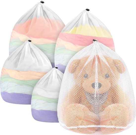 5 stuks waszakken voor wasmachine, XL wasnet met koordstopper-1 extra groot, 2 grote, 1 medium en 1 kleine waszak voor blouse, babykleding, rugzak, rokken voor de eerste schooldag, slaapzaal enz