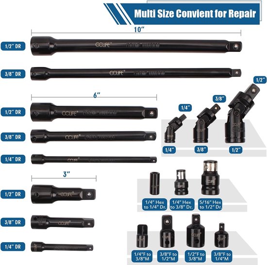 18-delige steeksleutel verlengset 1/4' 3/8' 1/2' ratel ratel verbindingselementen incl. dopsleutel adapter cardanscharnier | Cr-V