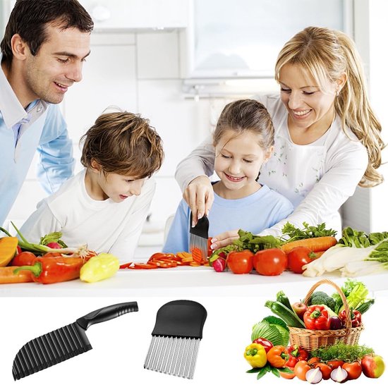 2 stuks gekleurd mes voor gekarteld snijden van roestvrij staal, golvend aardappelmes, golfmes, golfsnijmes voor groenten, fruit, fruit, aardappel, zwart