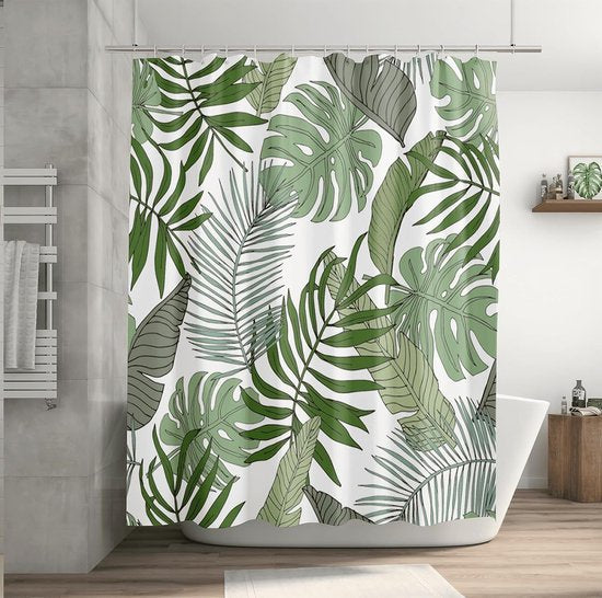 Douchegordijn handgeschilderde diepgroene bananenbladeren mosgroen grote bladeren exotische bladmotieven tropische planten hoogwaardig douchegordijn van 100% waterdicht polyester maat 180x200