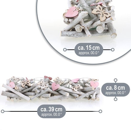 Kandelaar van hout - theelichthouder met vlinders en harten - houten lichtschaal - modern kaarsbord als tafeldecoratie - decoratief windlicht (kandelaar-wit)