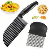 2 stuks gekleurd mes voor gekarteld snijden van roestvrij staal, golvend aardappelmes, golfmes, golfsnijmes voor groenten, fruit, fruit, aardappel, zwart