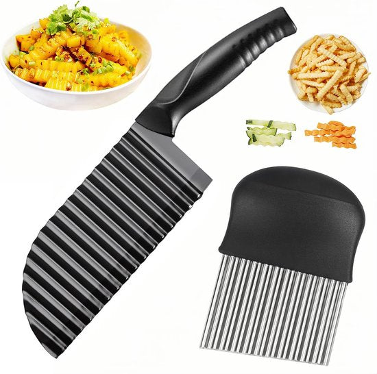 2 stuks gekleurd mes voor gekarteld snijden van roestvrij staal, golvend aardappelmes, golfmes, golfsnijmes voor groenten, fruit, fruit, aardappel, zwart