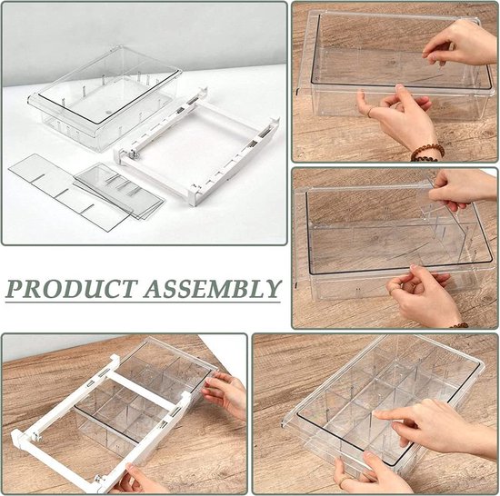 Koelkastlade-organizerbakken, met uittrekbare handgreep, opbergdoos voor koelkast, plankhouder, doorzichtige container voor eten, drinken, eieren, fruit, verwijderbare tussenschotten