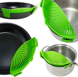 Siliconen napzeef met 2 inklapbare trechters, handsfree clip-on hittebestendige Colander Pour-uitloop voor pasta, groentenoedels pannenschaal, groen