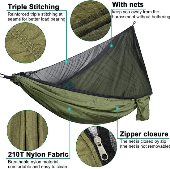 Campinghangmat outdoor met muggennet 600 lb trekkracht - modulaire ultralichte parachute nylon rijsthangmat voor buiten binnen en tuin 290 x 140 cm