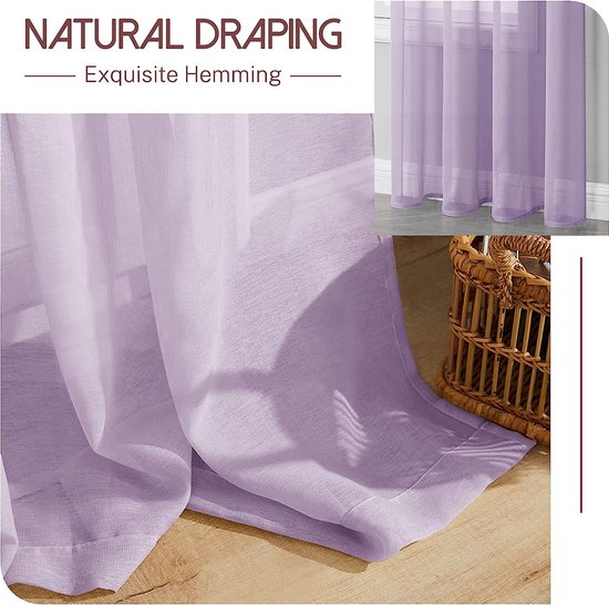 Vitrage, voile stof, halfdoorzichtig, kort, met ingestanste ringen, linnenlook, voor woonkamer, slaapkamer, kinderkamer, beige, 160 x 140 cm (h x b), 2-delige set