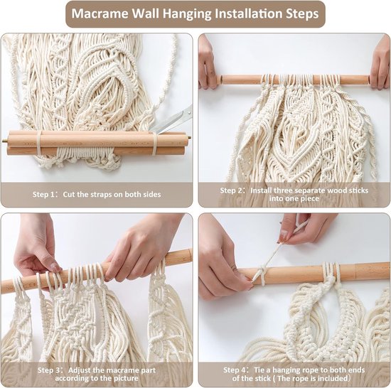 Macramé wandtapijt, boho-decoratie, groot handgeweven tapijt, slaapkamer, wanddecoratie, woonkamer, balkondecoratie, 90 x 90 cm (beige)