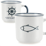 3 x keramische koffiemokken, maritieme koffiekopjes voor thuis en op kantoor, koffiepot voor koude en warme dranken [keuze varieert], 3 stuks, wit/blauw