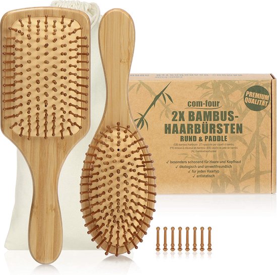 Set van 2 natuurlijke haarborstels van bamboe, peddelborstels met natuurlijk haar voor natuurlijk mooi haar, voor mannen, vrouwen, kinderen, 100% veganistisch (2 stuks - multifunctionele borstelharen + peddelborstels)