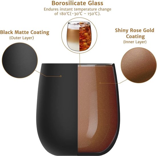 450 x 2 enkellaagse drinkglazen, zwart, mat, waterglazen met roségoud, knipperende binnenwand, borosilicaat, ginglazen, latte, macchiato, theeglazen, whiskyglazen