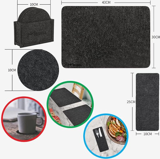 Premium Set van 19 placemats van vilt, placemat met antislip placemats, afwasbaar, tafelmatten, rechthoekige borden, onderzetters, placemats, viltset, antraciet met accessoires