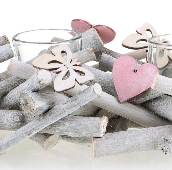Kandelaar van hout - theelichthouder met vlinders en harten - houten lichtschaal - modern kaarsbord als tafeldecoratie - decoratief windlicht (kandelaar-wit)