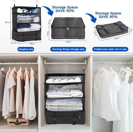 Koffer-organizer, hangend, opvouwbaar, met make-uptas, 2-delig, draagbare pakkubus, hangkast, pakkubus om op te hangen, opbergtas voor koffer en bagage, zwart