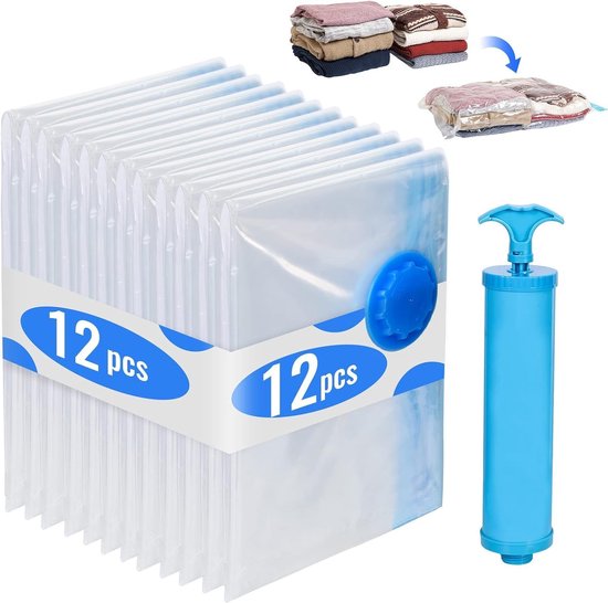 Pak van 12 vacuümzakken voor kleding 60 x 40 cm, RISVOWO reisopbergzakken met pomp, herbruikbare vacuümzakken voor kleding, opbergzakken klein voor kleding, dekbedden, beddengoed, kussens