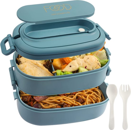 2-laags lunchbox: 1550ml lunchbox met 3 vakken - met bestek - plastic BPA-vrije lunchbox voor volwassenen en heren - lekvrije vakken bentobox magnetronbestendige verwarming