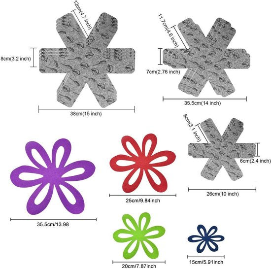 16 stuks pannenbescherming, vilt, pannenbeschermers, verschillende maten, pannenbescherming, pannenstapelbescherming, pannenbeschermingsmat, antislip, stapelbescherming, onderzetters voor