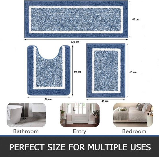 Zachte badkamertapijtset, 3-delig, microvezel absorberende badmatten en toiletmat, pluizige badmat, antislip wasbare toiletmat met uitsparing, blauw