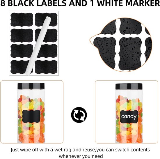 plastic pot met deksel doorzichtige lege containers verpakking van 6, opslagcontainers met luchtdicht zwart voor pinda's, kruiden, koekjes, snoep en droogvoer, lege potten voor opslag