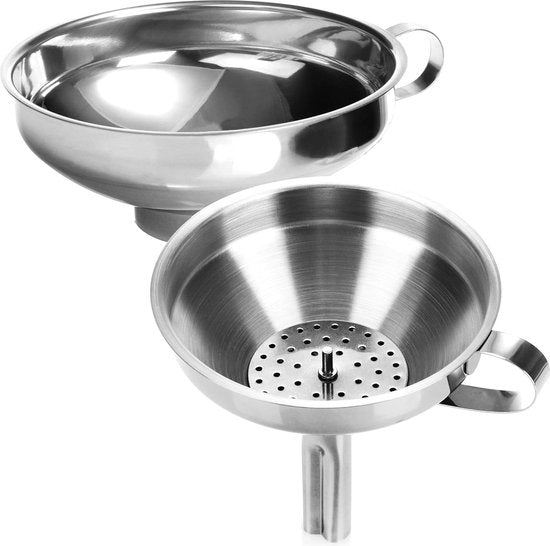 2-Piece Funnel Set Made of 304 Stainless Steel - Filling Funnel with Strainer for Preserving Jars - Jam Funnel with Filling Nozzle (02 Pieces - Stainless Steel Mix)