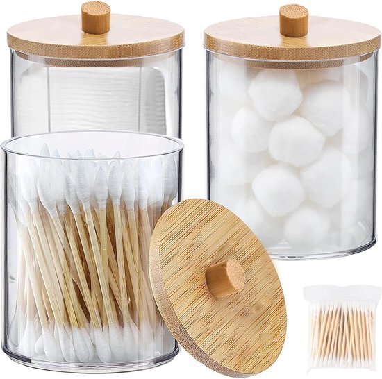 Set van 3 acryl Qtip-houders met bamboedeksels, wattenstaafjes/wattenschijfjes, opbergcontainers, kleine ronde wattenschijfhouder, wattenschijfhouder, blikjes, dispenser, pad-houder voor badkamerorganizer (transparant)