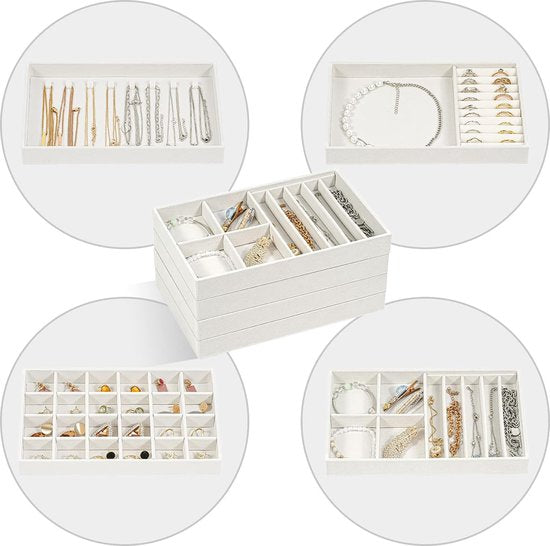 Sieradenbak-organizerset met 4 sieradenkommen, stapelbare sieradenlade-organizer, sieradeninzet sieradenopslag voor kettingen, armbanden, oorbellen, ringen, horloges - warm wit