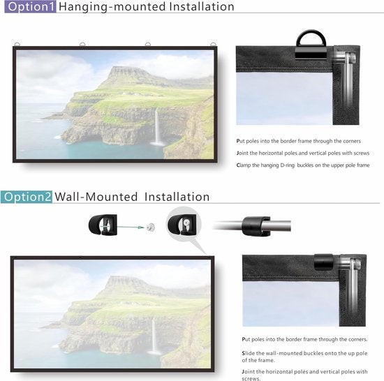 Opvouwbaar projectiescherm van 305 cm met verbeterd gecombineerd staafframe, kreukvrij, dubbelzijdig 16:9 HD 4K-canvas.