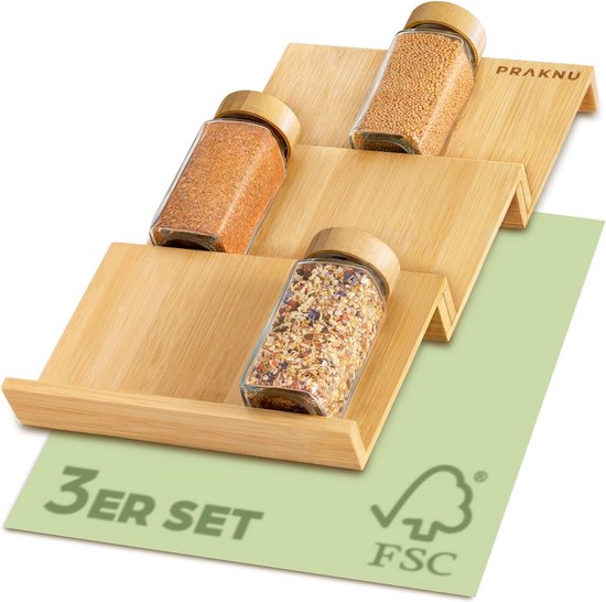 Kruidenrek voor lade van FSC-gecertificeerd hout, voor 12 kruidenpotjes (19 x 13 x 3 cm), met antislipmat, 3 niveaus, kruidenorganizer