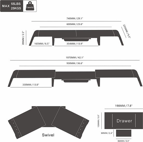 Monitorstandaard met lades en opbergruimte, MDF-schermstandaard voor computer TV-laptop, draaibare monitorstandaard in lengte verstelbaar met telefoonhouder, 74-107 x 23,5 x 8,9 cm, zwart