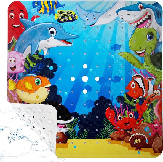 Douchemat antislip voor kinderen, 53 x 53 cm, antislip badmat, badmat, antislip, BPA-vrij, PVC antislipmat, douchemat met zuignappen, schimmelbestendig en machinewasbaar