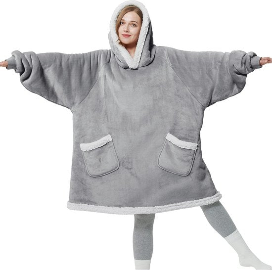 Hoodie deken oversized pullover dames - knuffeldeken met mouwen sherpa, deken met mouwen en capuchon grijs, knuffeltrui dames, hoodie dames oversized XXL 95 x 83 cm