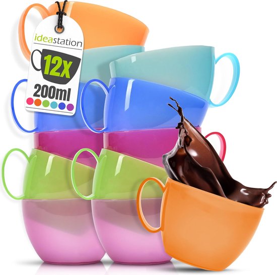 Plastic mokken, 12-delige set, 200 ml, kleurrijk, plastic koffiekopjes voor kinderen en senioren, onbreekbare koffiekopjes, klein, met handvat
