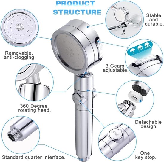 Douchekop, douchekop met slang, 2 m, regendouche, waterbesparend, hoge druk met 3 straalsoorten, universele handdouche, drukverhogend, douchekop met stopfunctie, knop voor baden en spa, chroom