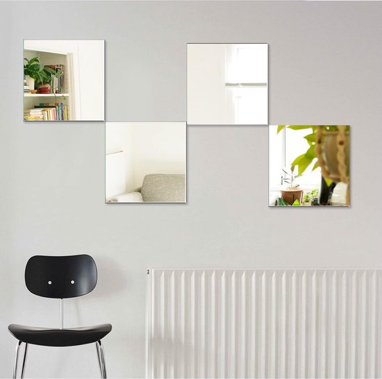 Muur Spiegel 4pcs 30x30cm glazen spiegel HD DIY Frameless spiegel tegels op de deur voor badkamer of woonkamer (30x30cm,4pcs)