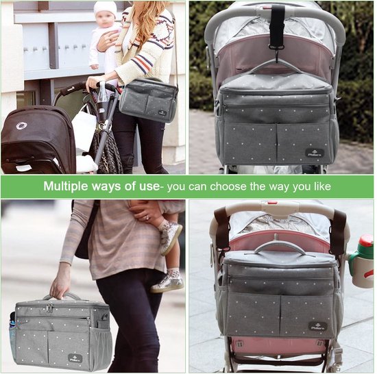 Pram Organiser with Insulated Drink Holder, Shoulder Strap, Large Capacity, Universal Baby Pram Bag, Grey with Dots